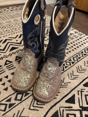 Old West Kids Sparkle Cowgirl Boots - Navy & Pink Glitter